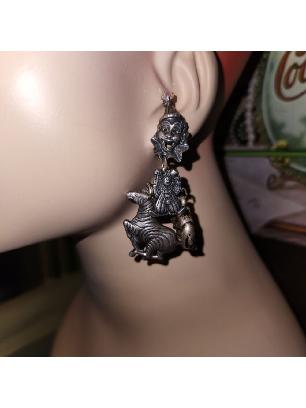 Vintage La Contessa Circus-Themed Dangle Earrings Clown Zebra & Elephant Charms